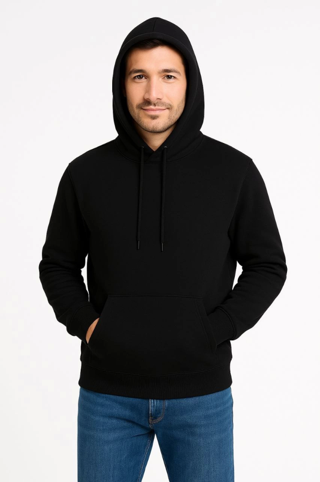 Erkek Üç İplik Kapüşonlu Kanguru Cepli SweatShirt Hoodie - Siyah (172689)