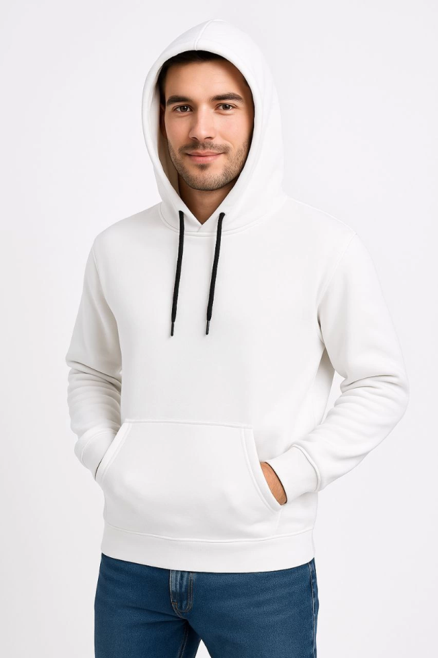 Erkek Üç İplik Kapüşonlu Kanguru Cepli SweatShirt Hoodie - Beyaz (172690)