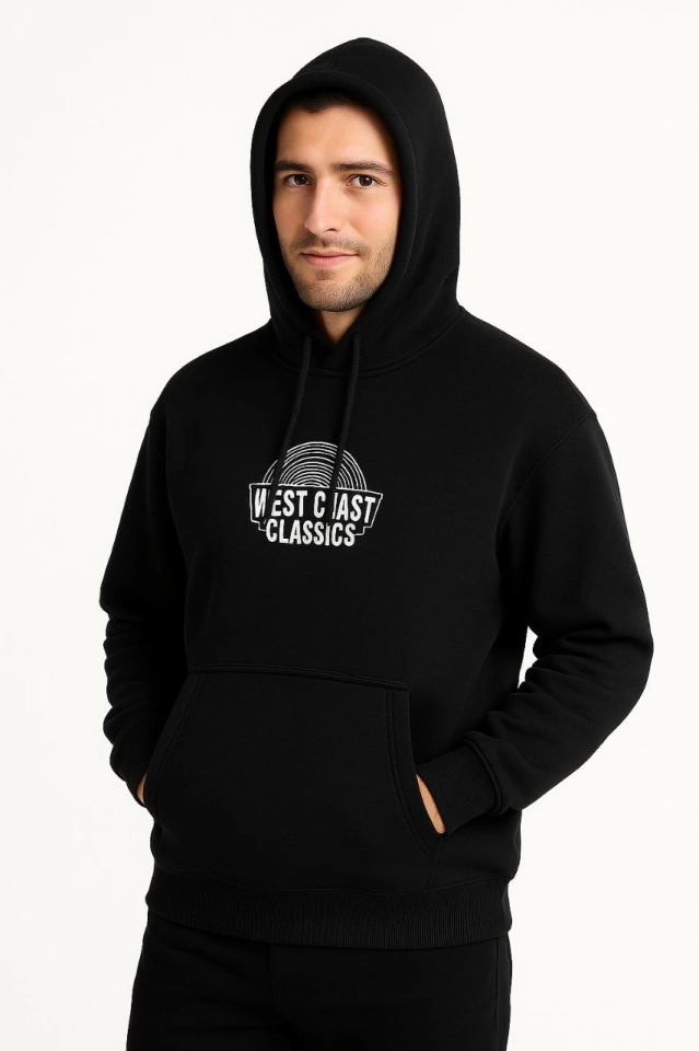Erkek Üç İplik Kapüşonlu Ön Ve Arka Baskılı SweatShirt Hoodie - Siyah (172693)