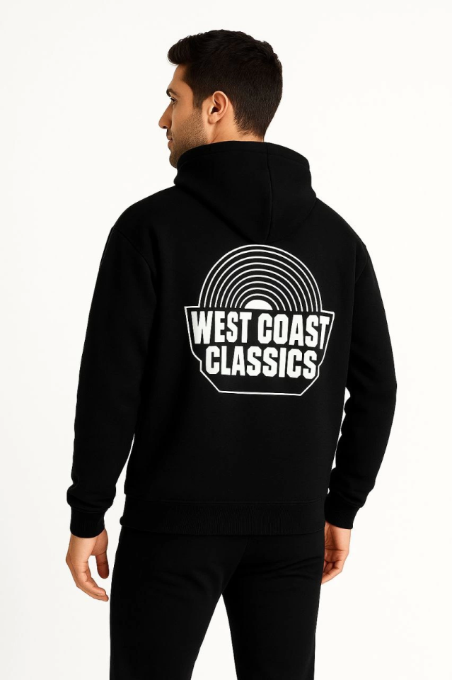 Erkek Üç İplik Kapüşonlu Ön Ve Arka Baskılı SweatShirt Hoodie - Siyah (172693)
