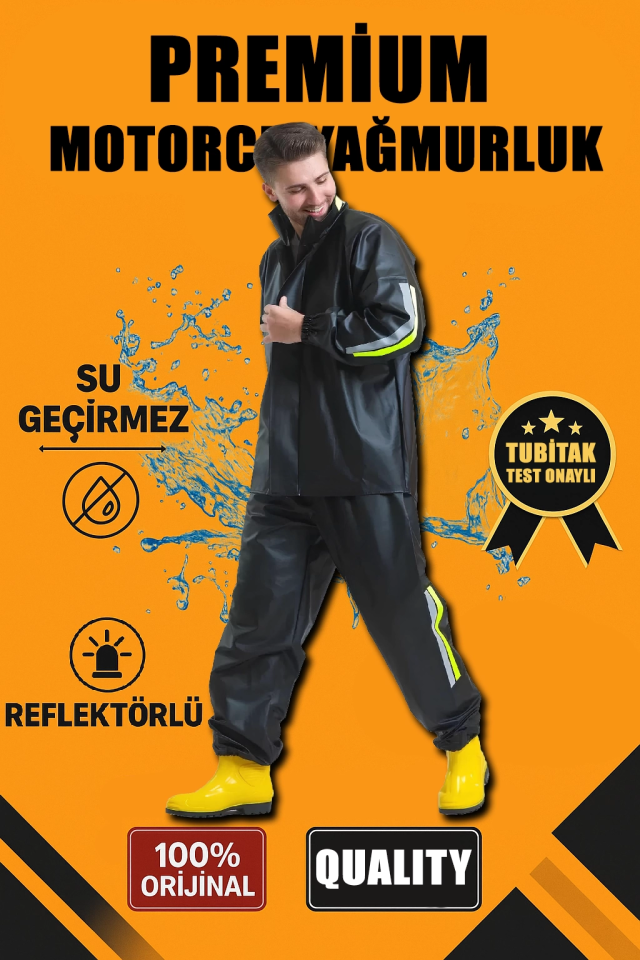 Premium Motorcu Kurye Yağmurluk Takım Su Geçirmez PVC Kumaş Reflektörlü TÜBİTAK Onaylı - Siyah (172854)
