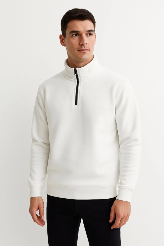 Erkek Dik Yaka Sweatshirt Dik Yaka Yarım Fermuarlı 3 İplik Şardonlu Pamuk Kumaş - Beyaz (173147)