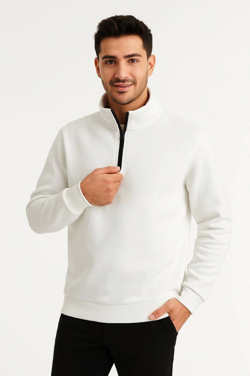 Erkek Dik Yaka Sweatshirt Dik Yaka Yarım Fermuarlı 3 İplik Şardonlu Pamuk Kumaş - Beyaz (173147)