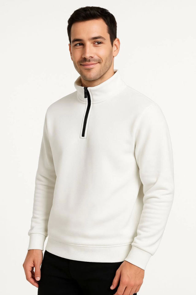 Erkek Dik Yaka Sweatshirt Dik Yaka Yarım Fermuarlı 3 İplik Şardonlu Pamuk Kumaş - Beyaz (173147)