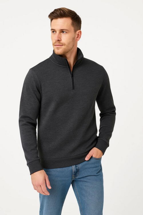 Erkek Dik Yaka Sweatshirt Dik Yaka Yarım Fermuarlı 3 İplik Şardonlu Pamuk Kumaş - Antrasit (173148)