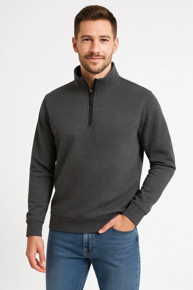 Erkek Dik Yaka Sweatshirt Dik Yaka Yarım Fermuarlı 3 İplik Şardonlu Pamuk Kumaş - Antrasit (173148)