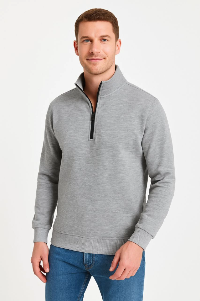 Erkek Dik Yaka Sweatshirt Dik Yaka Yarım Fermuarlı 3 İplik Şardonlu Pamuk Kumaş - Gri (173152)