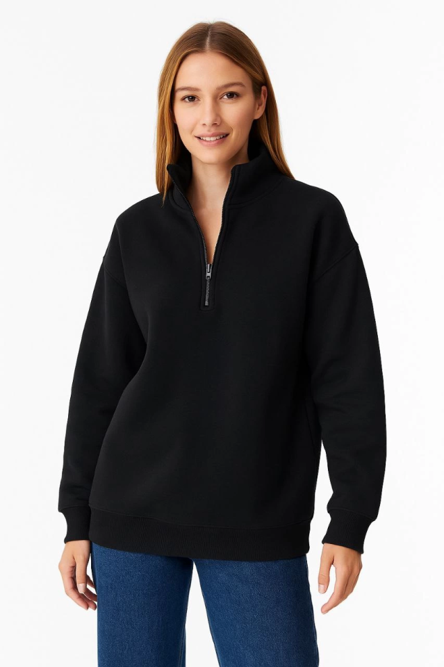Üç İplik Dık Yaka Yarım Fermuarlı SweatShirt - Siyah (173154)