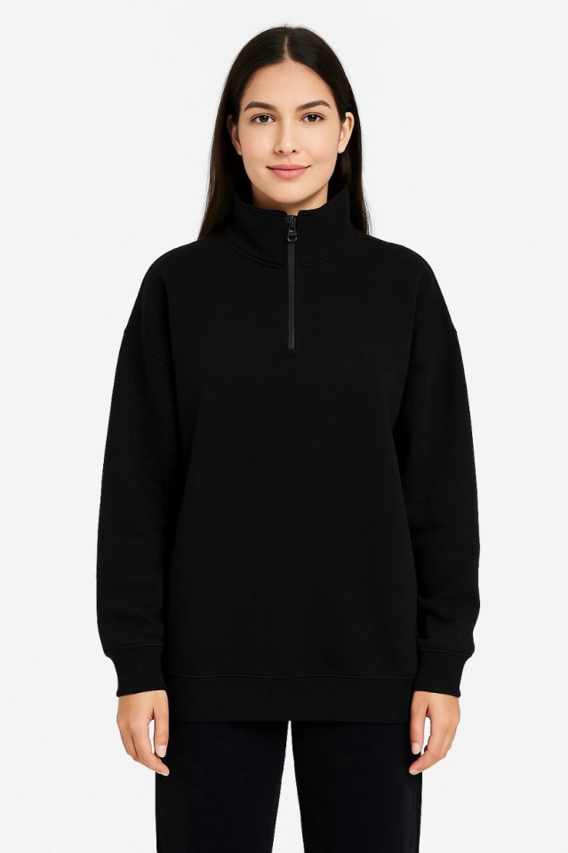 Üç İplik Dık Yaka Yarım Fermuarlı SweatShirt - Siyah (173154)