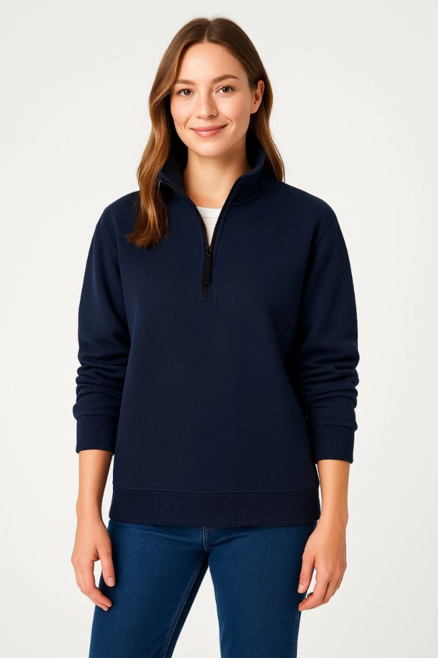 Üç İplik Dık Yaka Yarım Fermuarlı SweatShirt - Lacivert (173156)