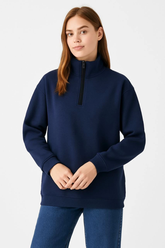Üç İplik Dık Yaka Yarım Fermuarlı SweatShirt - Lacivert (173156)
