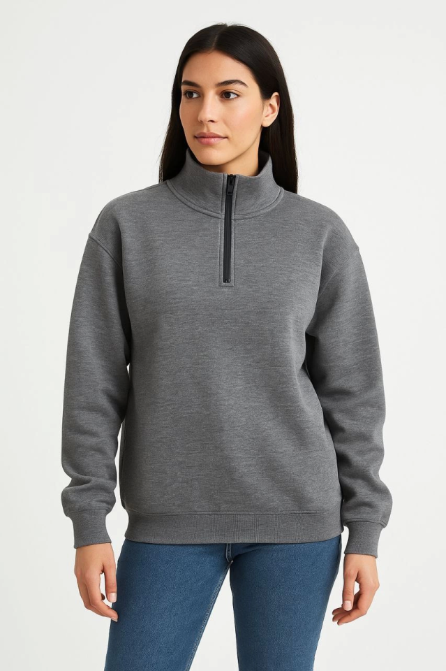 Üç İplik Dık Yaka Yarım Fermuarlı SweatShirt - Antrasit (173157)