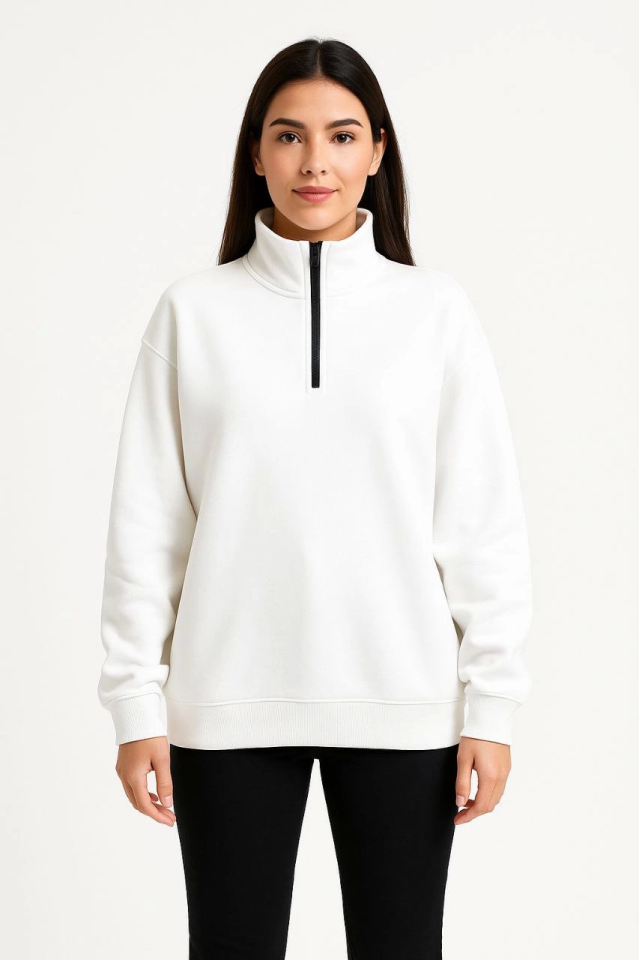 Üç İplik Dık Yaka Yarım Fermuarlı SweatShirt - Beyaz (173158)