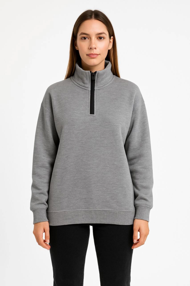 Üç İplik Dık Yaka Yarım Fermuarlı SweatShirt - Gri (173160)