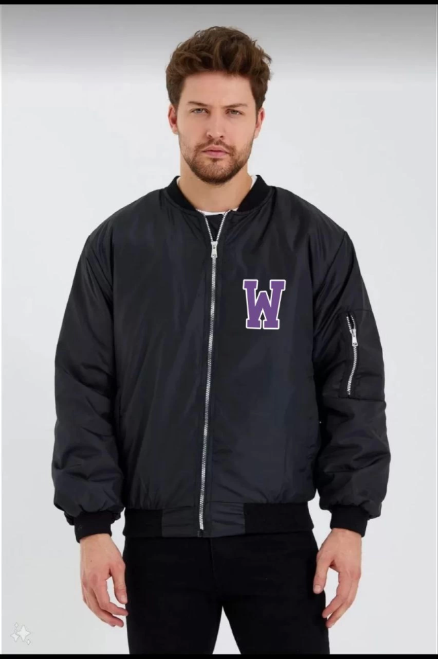 Unisex Uzun Kol Baskılı Bomber Ceket - Siyah (173575)