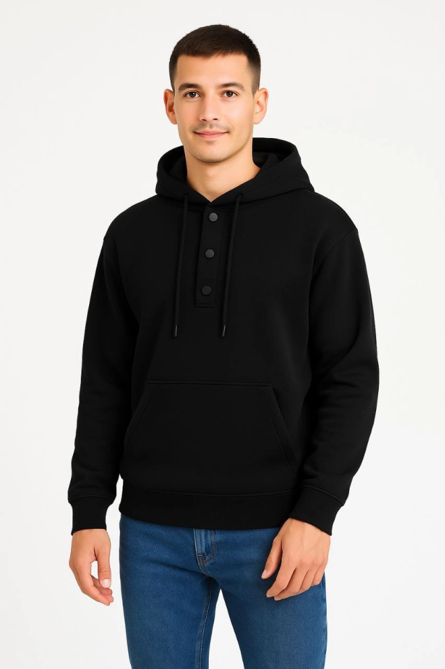 Erkek Ovarsize Kapüşonlu Swetshirt Kanguru Çepli Cıtcıtlı 3 Iplik Şardonlu Hoodie - Siyah (174163)