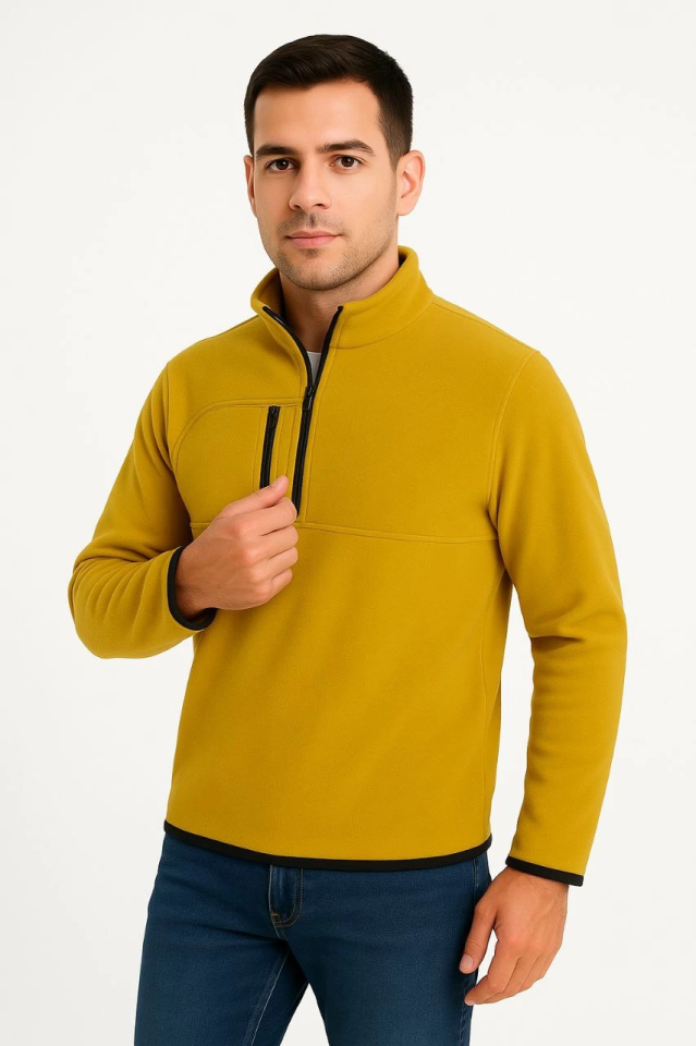 Erkek Polar Kazak – Dik Yaka, Yarım Fermuarlı, Fermuarlı Göğüs Cepli, Siyah Biyeli, Kışlık Rahat Regular Fit Günlük Model - Sarı (174535)