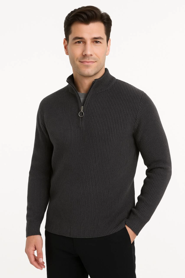 Erkek Yarım Fermuarlı Triko Kazak – Selanik Örgü, Dik Yaka, Pamuklu Dokuma, Regular Fit Uzun Kollu Kışlık Model - Füme (174968)