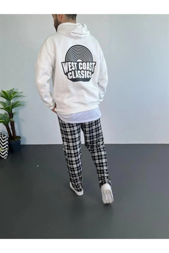 Erkek Oversize Üç İplik Kapüşonlu Sweatshirt – Beyaz Ön Baskılı, Kanguru Cepli, Rahat Kalıp, İçi Pamuklu Model (174972)