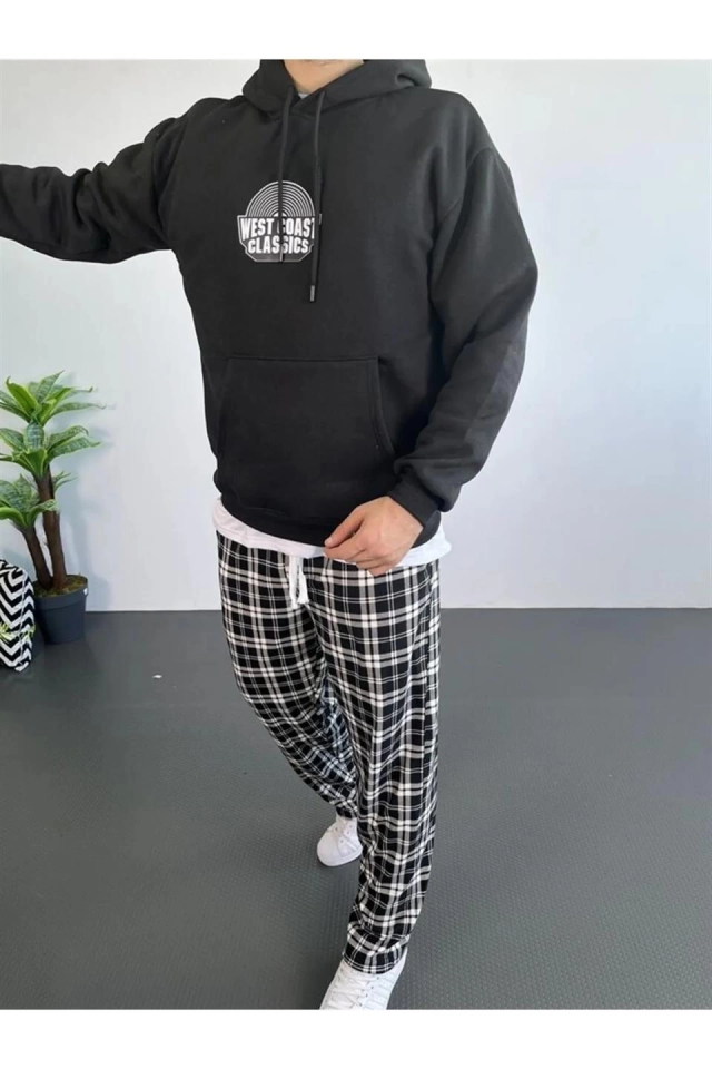 Erkek Oversize Üç İplik Kapüşonlu Sweatshirt – Siyah Sırt Ve Ön Baskılı, Kanguru Cepli, Rahat Kalıp, İçi Pamuklu ModeL-Siyah (174973)