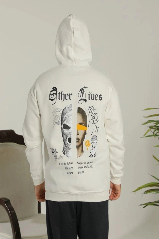 Oversize Üç İplik Şardonlu Kapüşonlu Sweatshirt – Beyaz “Other Lives” Ön Ve Arka Baskılı, Kanguru Cepli, Ribanalı Rahat Kışlık Model Beyaz (174981)