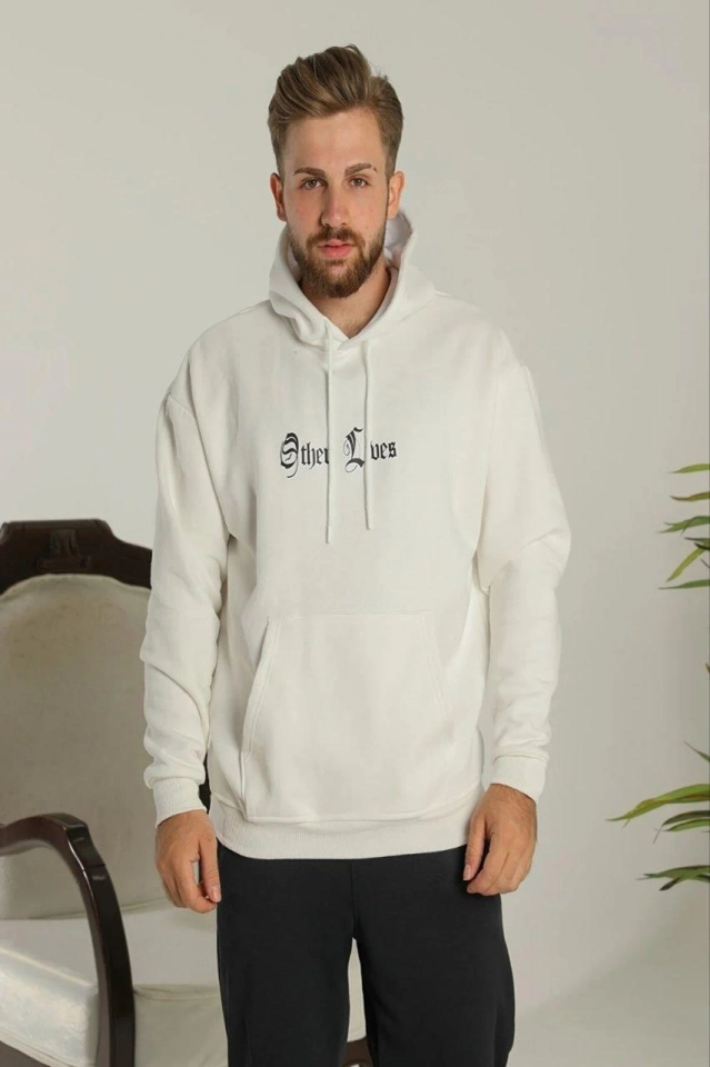 Oversize Üç İplik Şardonlu Kapüşonlu Sweatshirt – Beyaz “Other Lives” Ön Ve Arka Baskılı, Kanguru Cepli, Ribanalı Rahat Kışlık Model Beyaz (174981)