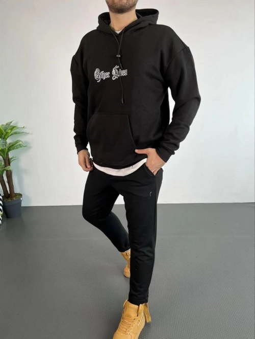 Erkek Kapşonlu Sweatshirt – Oversize Üç İplik Şardonlu Hoodie, “Other Lives” Ön - Arka Baskılı, Kanguru Cepli, Kışlık Rahat Günlük Stil - Siyah (174982)