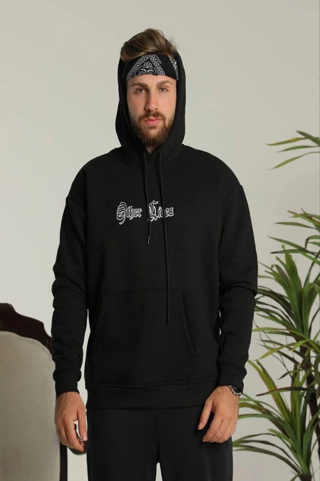 Erkek Kapşonlu Sweatshirt – Oversize Üç İplik Şardonlu Hoodie, “Other Lives” Ön - Arka Baskılı, Kanguru Cepli, Kışlık Rahat Günlük Stil - Siyah (174982)