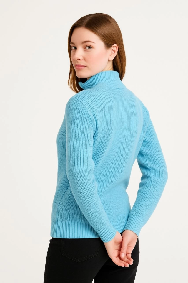 KADIN Yarım Fermuarlı Triko Kazak – Selanik Örgü, Dik Yaka, Pamuklu Dokuma, Oversize Uzun Kollu Kışlık Model - Bebe Mavisi (175136)