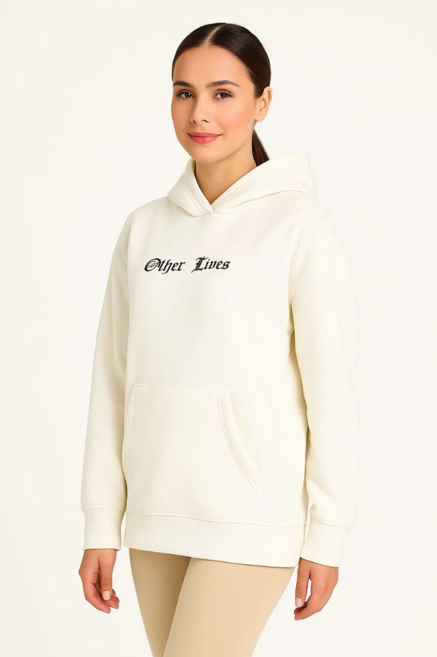 Kapşonlu Sweatshirt – Oversize Üç İplik Şardonlu Hoodie, “Other Lives” Ön - Arka Baskılı, Kanguru Cepli, Kışlık Rahat Günlük Stil - Beyaz (175368)