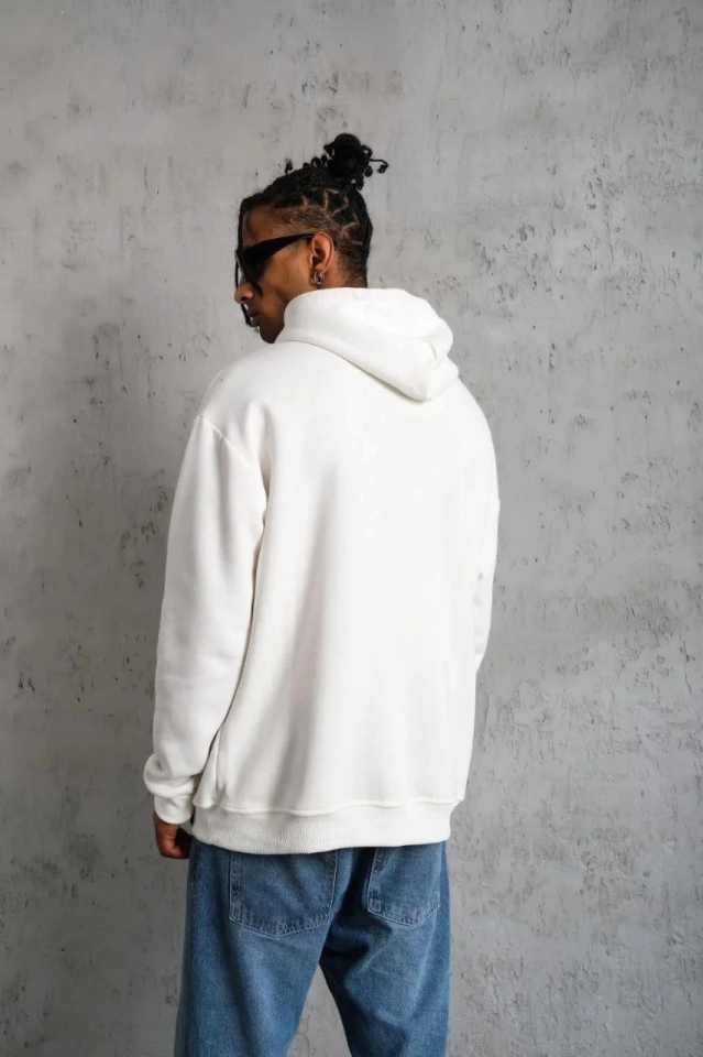 Erkek Oversize Kapüşonlu Sweatshirt – Beyaz Renk Üç İplik İçi Pamuklu Kanguru Cepli Baskılı Hoodie Rahat Kalıp Kışlık Günlük Kombinlere Uygun - Beyaz (175565)