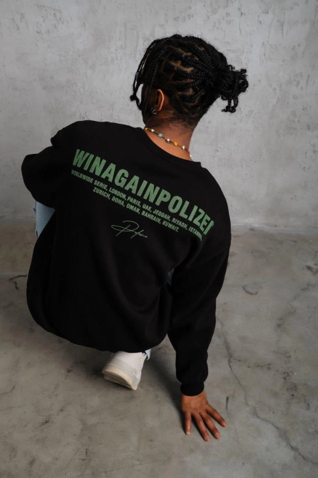 Erkek Oversize Sweatshirt – Siyah Renk  Ön Ve Sırt Baskılı, Üç İplik İçi Pamuklu Kumaş, Rahat Kalıp, Ribanalı Kışlık Sweat  Winagain Polizei Serisi - Siyah (175589)