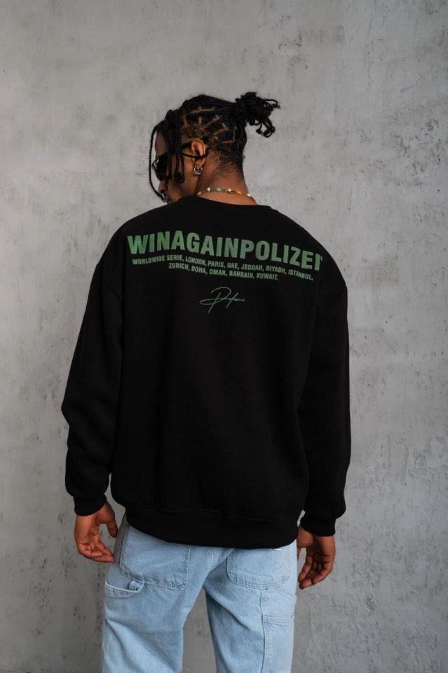 Erkek Oversize Sweatshirt – Siyah Renk  Ön Ve Sırt Baskılı, Üç İplik İçi Pamuklu Kumaş, Rahat Kalıp, Ribanalı Kışlık Sweat  Winagain Polizei Serisi - Siyah (175589)