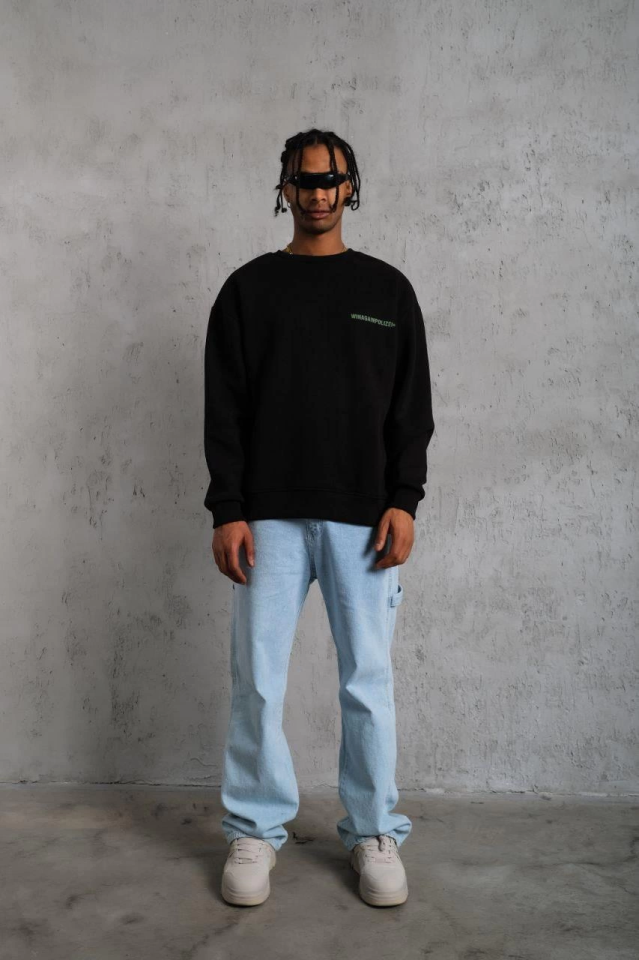 Erkek Oversize Sweatshirt – Siyah Renk  Ön Ve Sırt Baskılı, Üç İplik İçi Pamuklu Kumaş, Rahat Kalıp, Ribanalı Kışlık Sweat  Winagain Polizei Serisi - Siyah (175589)