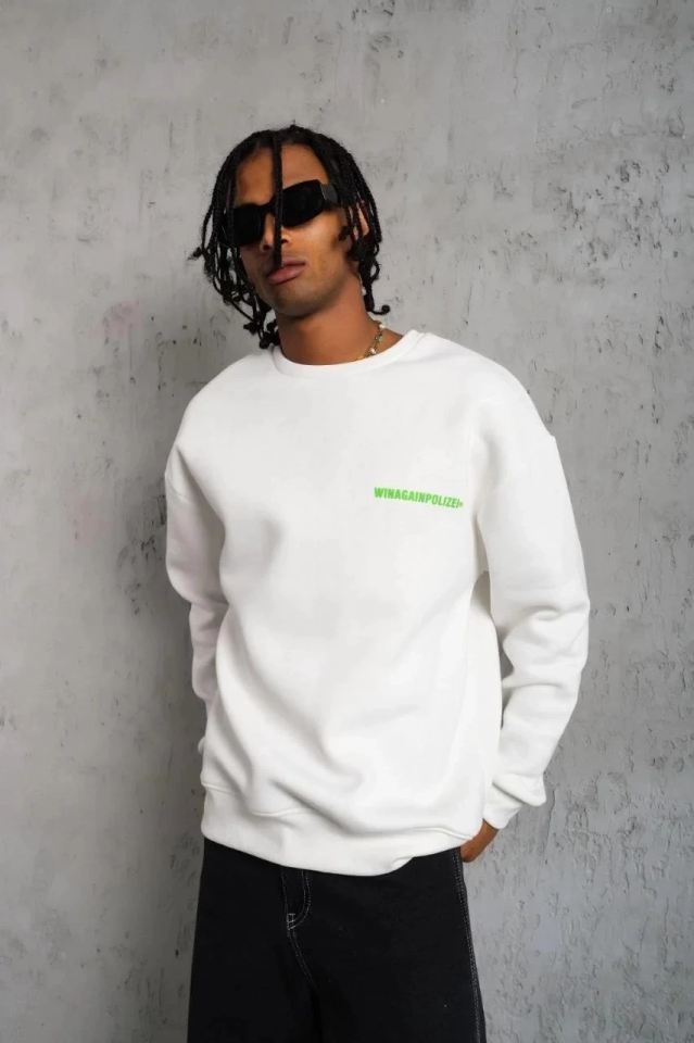 Erkek Oversize Sweatshirt – Beyaz Renk  Ön Ve Sırt Baskılı, Üç İplik İçi Pamuklu Kumaş, Rahat Kalıp, Ribanalı Kışlık Sweat  Winagain Polizei Serisi - Beyaz (175590)