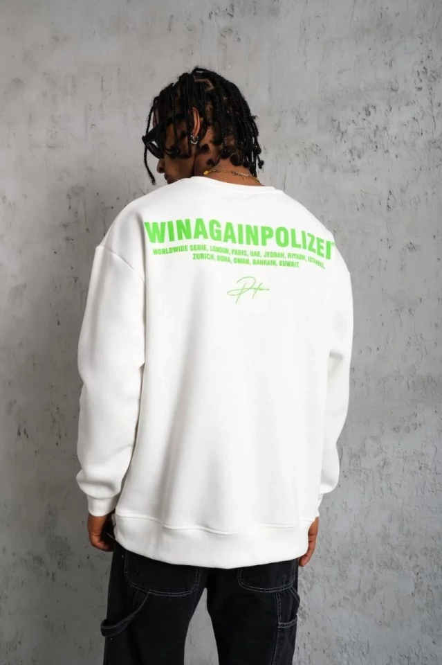 Erkek Oversize Sweatshirt – Beyaz Renk  Ön Ve Sırt Baskılı, Üç İplik İçi Pamuklu Kumaş, Rahat Kalıp, Ribanalı Kışlık Sweat  Winagain Polizei Serisi - Beyaz (175590)