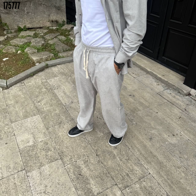 Erkek Fitilli Kadife Cepli Buggy Pantolon Oversize Rahat Kalıp Gri
