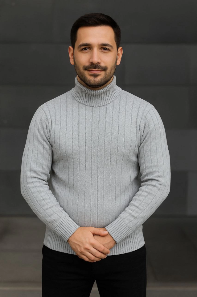 Erkek Balıkcı Yaka Bağazlı Triko Kazak Pamuklu Kalın Fitilli Dokuma, Regular Fit Uzun Kollu Kışlık Model - Gri (176113)