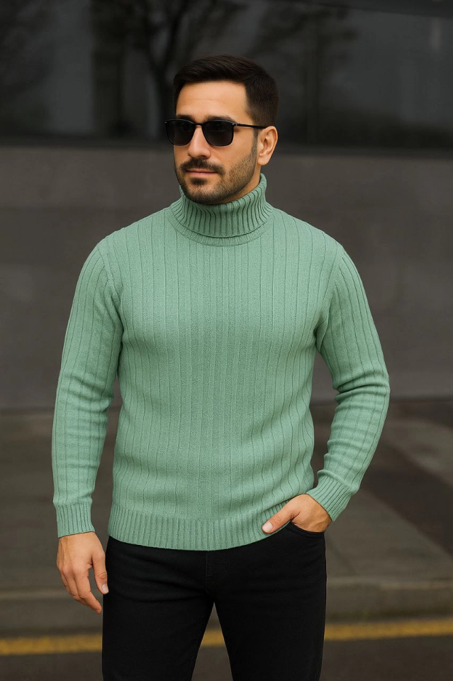 Erkek Balıkcı Yaka Bağazlı Triko Kazak Pamuklu Kalın Fitilli Dokuma, Regular Fit Uzun Kollu Kışlık Model - Mint Yeşili (176114)