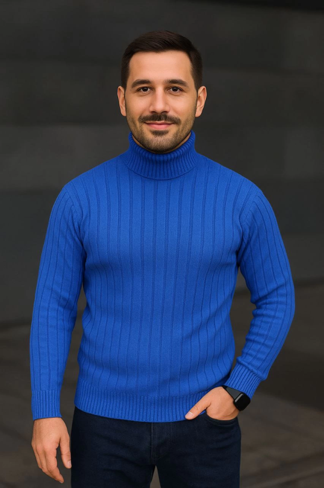Erkek Balıkcı Yaka Bağazlı Triko Kazak Pamuklu Kalın Fitilli Dokuma, Regular Fit Uzun Kollu Kışlık Model - Saks Mavisi (176115)