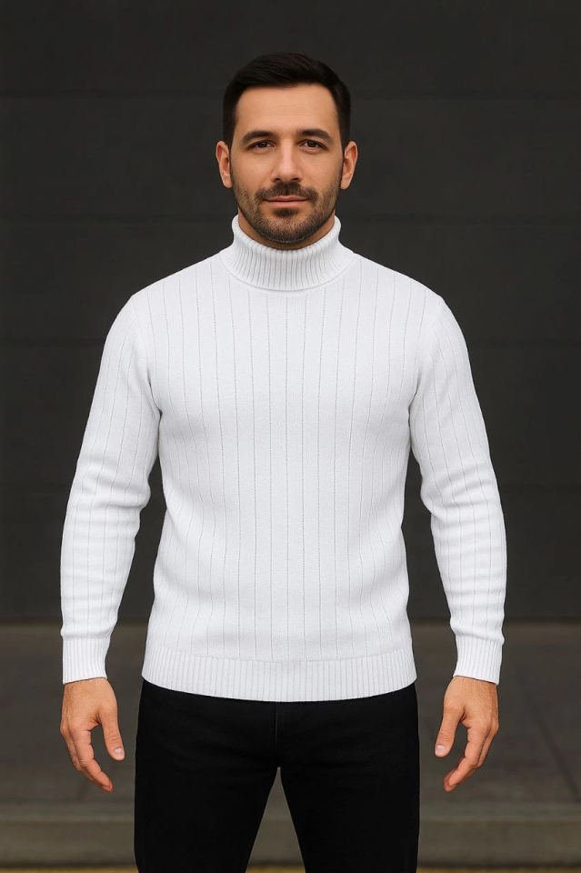 Erkek Balıkcı Yaka Bağazlı Triko Kazak Pamuklu Kalın Fitilli Dokuma, Regular Fit Uzun Kollu Kışlık Model - Beyaz (176116)
