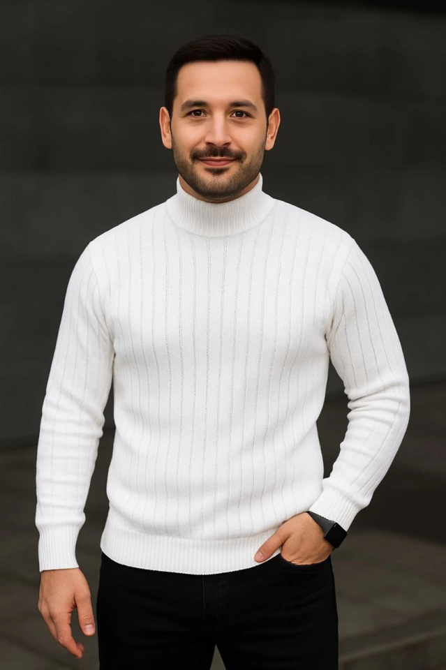 Erkek Balıkcı Yaka Bağazlı Triko Kazak Pamuklu Kalın Fitilli Dokuma, Regular Fit Uzun Kollu Kışlık Model - Beyaz (176116)