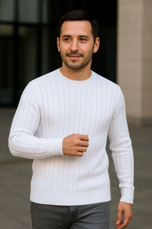 Erkek Bisiklet Yuvarlak Yaka Triko Kazak Pamuklu Kalın Fitilli Dokuma, Regular Fit Uzun Kollu Kışlık Model - Beyaz (176169)