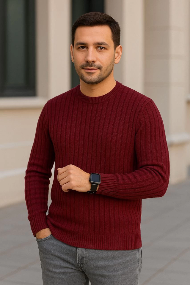 Erkek Bisiklet Yuvarlak Yaka Triko Kazak Pamuklu Kalın Fitilli Dokuma, Regular Fit Uzun Kollu Kışlık Model - Bordo (176171)