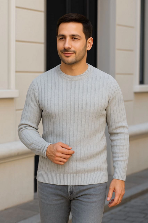 Erkek Bisiklet Yuvarlak Yaka Triko Kazak Pamuklu Kalın Fitilli Dokuma, Regular Fit Uzun Kollu Kışlık Model - Gri (176172)