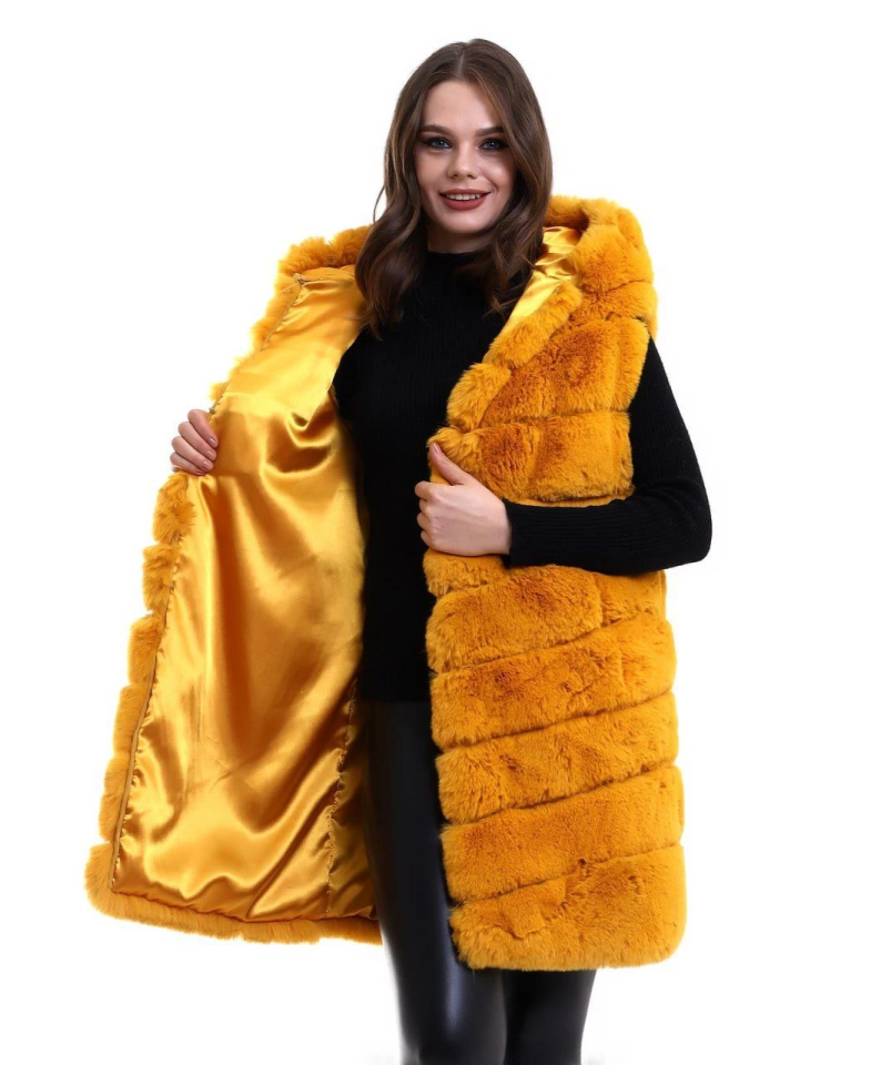 Kapşonlu Peluş Kürk Yelek Premium Kalite, Tam Astarlı, Uzun Model - Sarı (176184)
