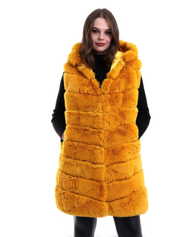 Kapşonlu Peluş Kürk Yelek Premium Kalite, Tam Astarlı, Uzun Model - Sarı (176184)