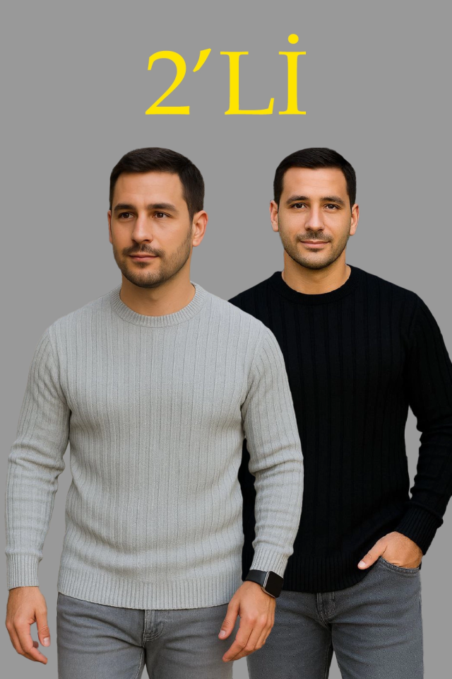 Erkek Fitilli Triko Kazak 2’li Set – Siyah - Gri, Kalın Dokuma Pamuklu Regular Fit Bisiklet Yaka Uzun Kollu Rahat Kışlık Kazak Kombini (176232)