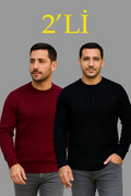 Erkek Fitilli Triko Kazak 2’li Set – Siyah - Bordo, Kalın Dokuma Pamuklu Regular Fit Bisiklet Yaka Uzun Kollu Rahat Kışlık Kazak Kombini (176235)