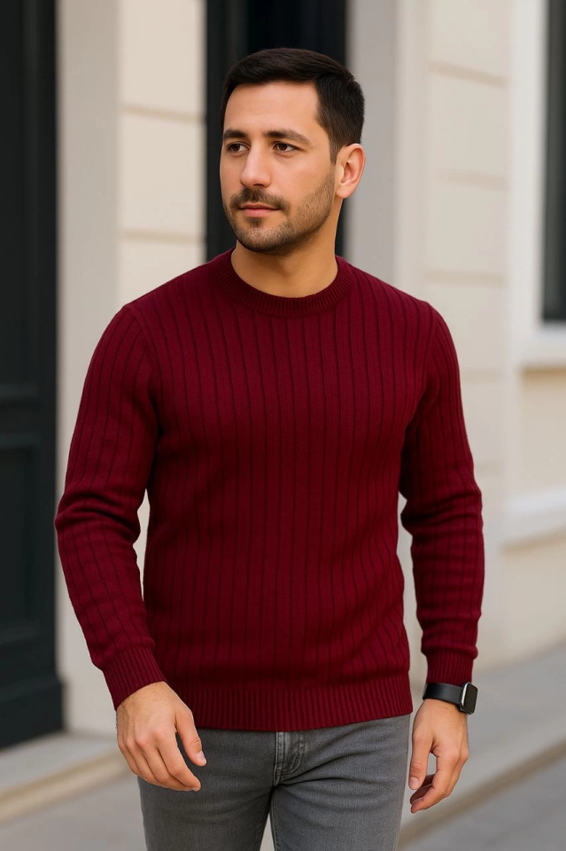 Erkek Fitilli Triko Kazak 2’li Set – Siyah - Bordo, Kalın Dokuma Pamuklu Regular Fit Bisiklet Yaka Uzun Kollu Rahat Kışlık Kazak Kombini (176235)